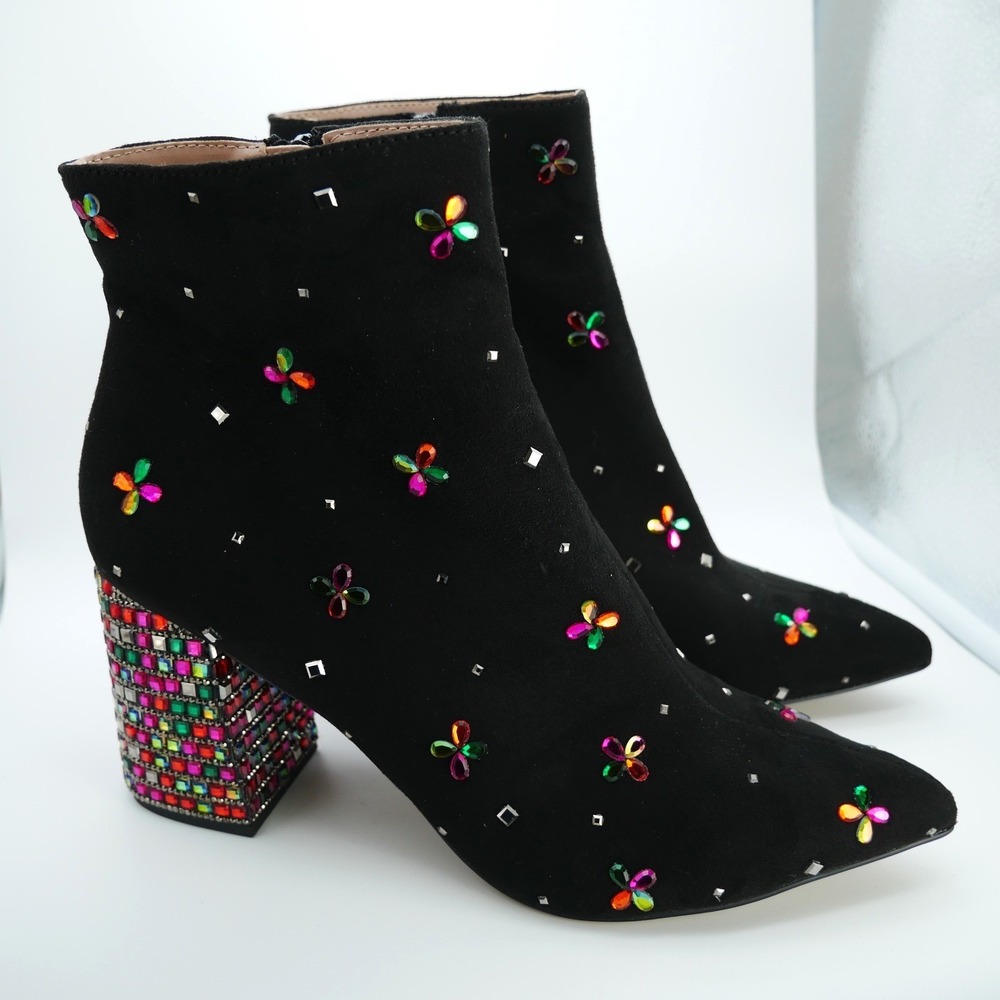 Betsey Johnson Joise Black Suede Rainbow Rhinestone Flower Block Heel Bootie 10M